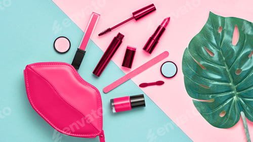 Preview: Beauty cosmetics makeup product flying in air cutout minimal. Woman make up collection falling on pa
