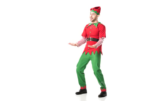 Preview: cheerful man in christmas elf costume outstreching hands in excitement isolated on white