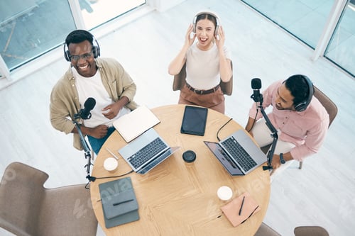 Preview: Radio, podcast or broadcast with a content creator team in their office from above for streaming or