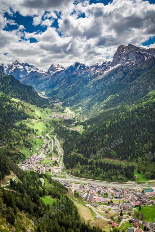 Preview: Beautiful small town in mountain valley, Dolomites