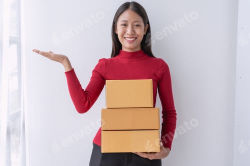Preview: woman, online seller, efficiently manages customer orders and delivery through the e-commerce platfo