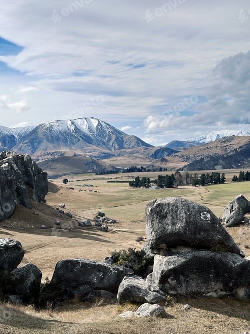 Preview: Large natural stones in Castle Hill Nature Park, New Zealand. Tourist spots. Travel.