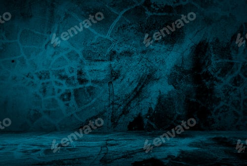 Preview: Vintage grunge blue concrete texture studio wall background with vignette.