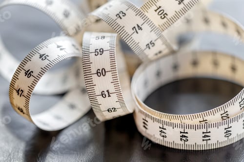 Preview: Measuring tailor tape, closeup. Spiral ruler. Fashion length measurement instrument.
