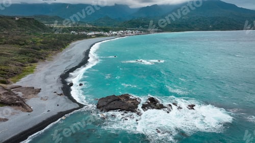 Preview: Beautiful shoreline view of Sanxiantai in Taiwan with dramatic waves and rocky formations