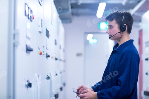 Preview: Side view of engineer in switchgear control room wearing headset