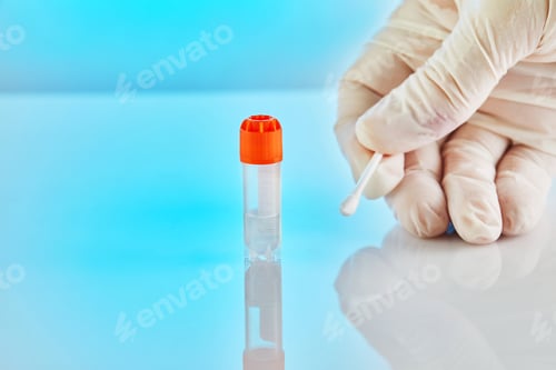 Preview: DNA test. Test tube with liquid for DNA analysis and a gloved hand holding