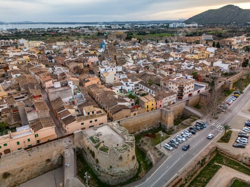 Preview: Aerial drone view of Alcudia in Mallorca, ancient city walls