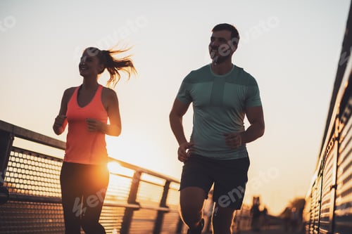 Preview: Happy couple jogging in sunset