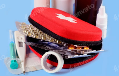 Preview: First aid kit concept, medicine equipment set in a suitcase box