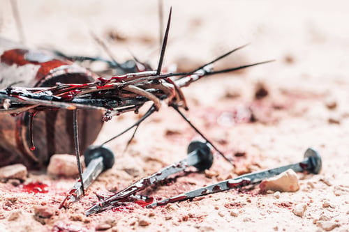 Preview: Bloody nails, crown of thorns with drops of blood over grunged background. Good Friday, Passion of