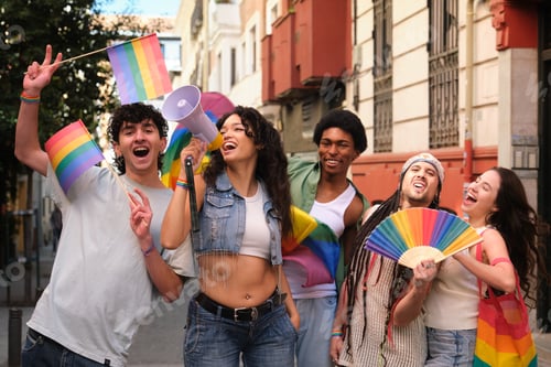 Preview: Young activists protesting for lgbt rights using megaphone and rainbow flags