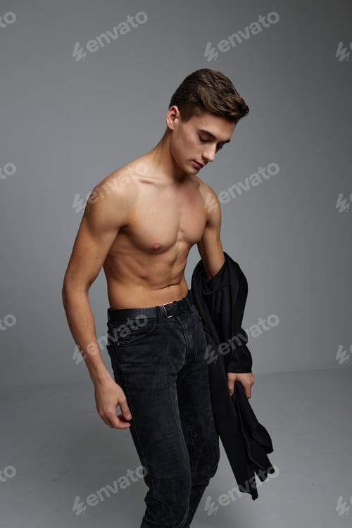 Preview: Handsome man nude torso black pants fashion posing portrait attractive