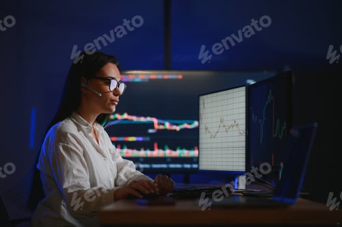 Preview: Financial Analyst Working on a Computer with Multi-Monitor Workstation with Real-Time Stocks