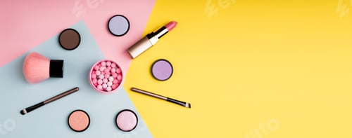 Preview: Makeup products and decorative cosmetics on color background flat lay. Fashion and beauty