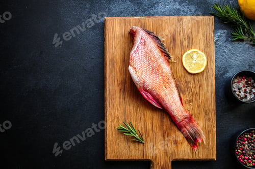 Preview: Red Sea Bass Fish Colors, Raw Seafood Menu Concept Food Background Pescatarian, Keto Or Paleo Diet