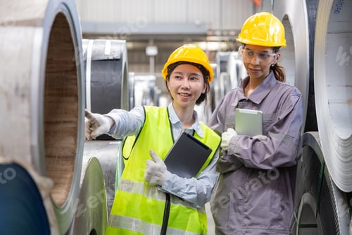 Preview: Female engineers inspecting metal sheet production line