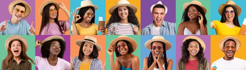 Preview: Diverse Excited Multiethnic People Wearing Summer Hats Posing Over Colorful Backgrounds