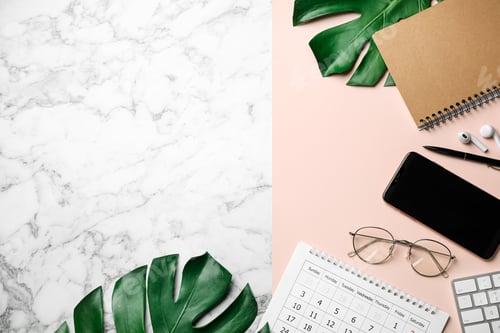 Preview: Flat lay composition with smartphone and stationery on white marble table, space for text