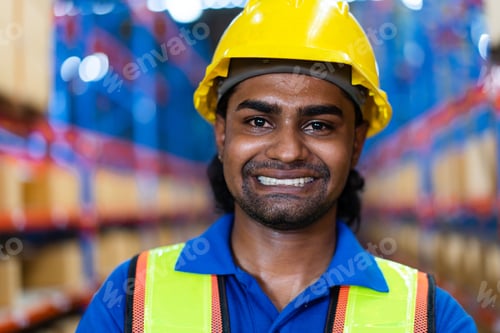 Preview: Portrait of African worker in uniform smiling to camera in the warehouse