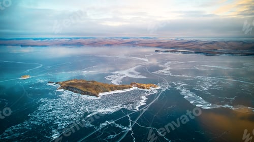 Preview: Aerial photography of Lake Baikal in winter. Beautiful view of the frozen lake, clear ice,