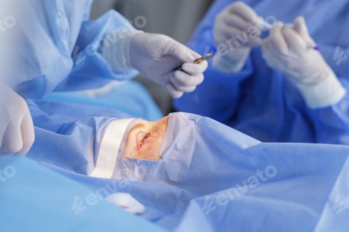 Preview: Blepharoplasty closeup with eyelid incision under microscope in sterile operating room