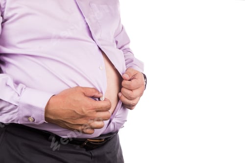 Preview: Man with unhealthy big belly unbutton tight shirt to relief