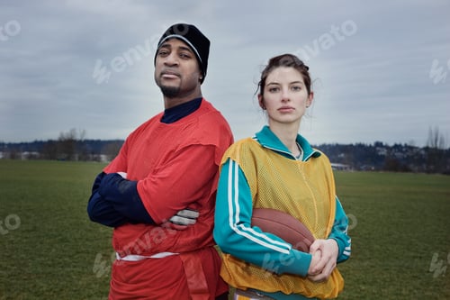 Preview: Mixed race members of a team of American football players.