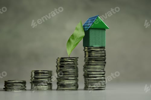 Preview: Green Solar cell House and Leaf on Coin Stack. Sustainable, Green investment, eco-friendly