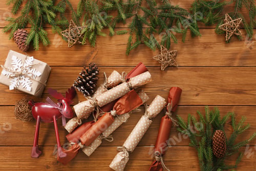 Preview: Christmas decoration, gift boxes and garland frame background