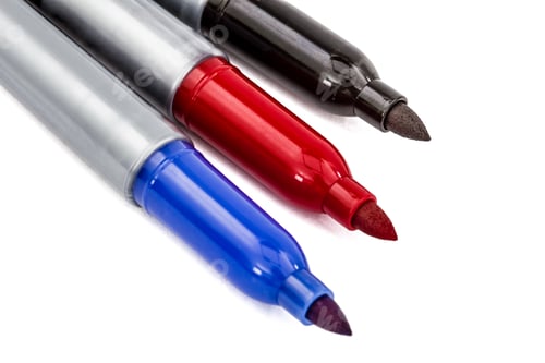 Preview: Three felt-tip pens markers highlighters close-up, isolated on white background