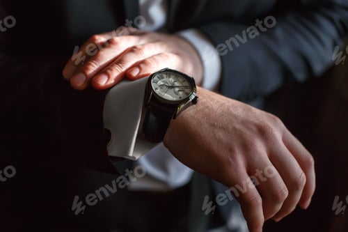 Preview: Man's Wrist with Watch and Elegant Suit