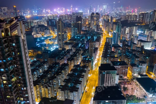 Preview: To Kwa Wan, Hong Kong, 26 January 2019: Top view of Hong Kong residential district at night