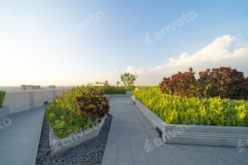 Preview: Sky garden on private rooftop of condominium or hotel, high rise architecture building, grass field