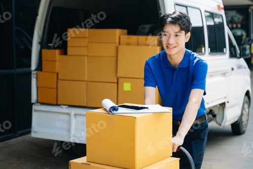 Preview: Portrait of courier delivery man searching the address on digital tablet. Delivery service,