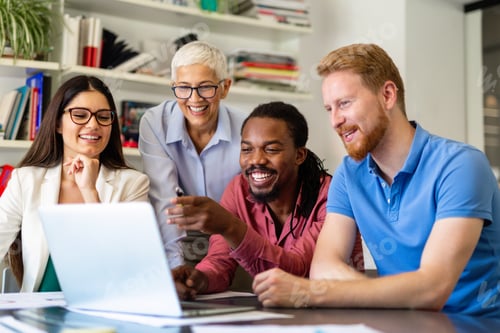 Preview: Group of happy multiethnic success business people working and brainstorming in corporate office