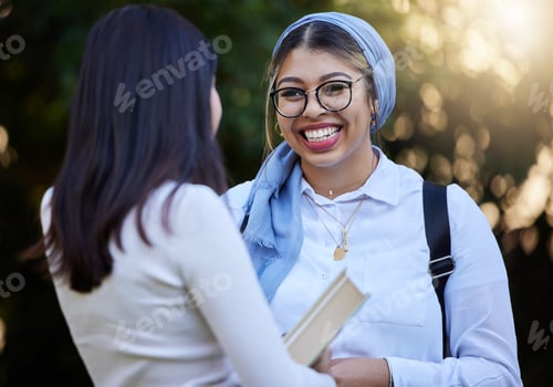 Preview: Happy, talking or university friends at park on campus for learning, education or future goals toge