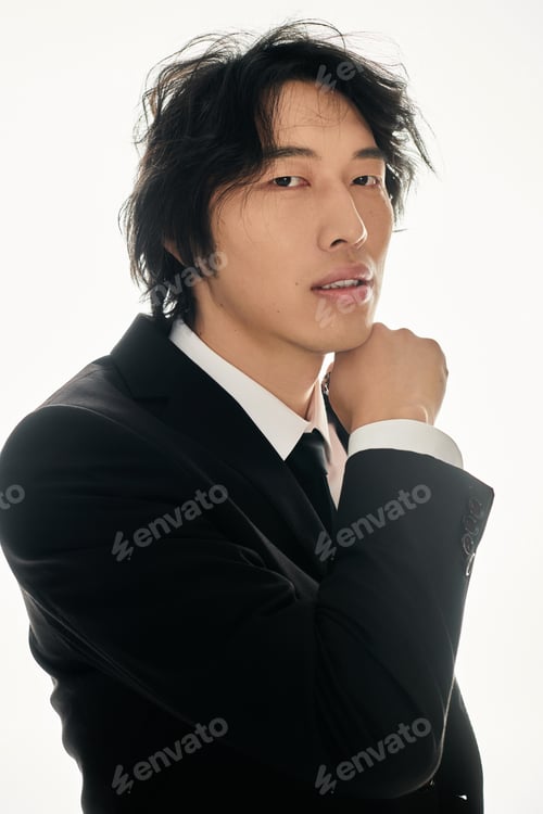 Preview: Handsome young asian man poses stylishly in contemporary suit against a bright background