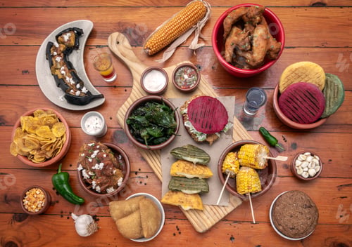 Preview: mixed colombian and venezuelan food meal spread on wooden restaurant table
