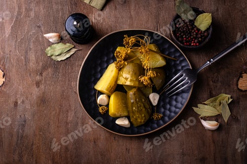Preview: Bowl of pickled marinated cucumbers