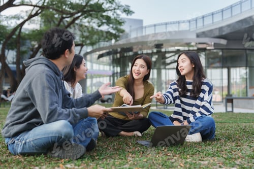 Preview: Young students group discussing outdoors on campus grass