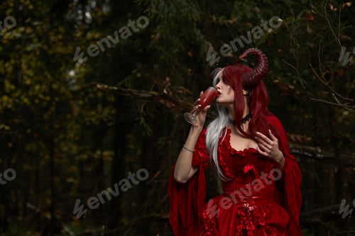 Preview: Stylish and fashionable model girl in the image of Maleficent posing among mystic forest - fairytale