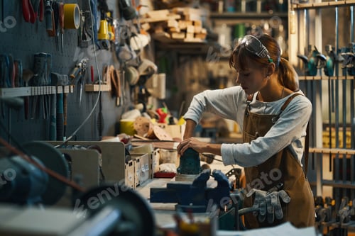 Preview: Female Carpenter Polishing Wood Details