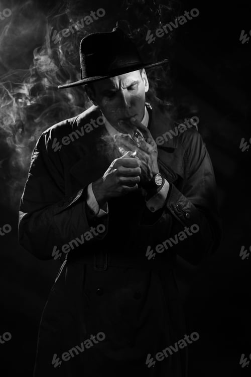 Preview: Dark noir portrait of a male detective lighting a cigarette. Private detective, spy,