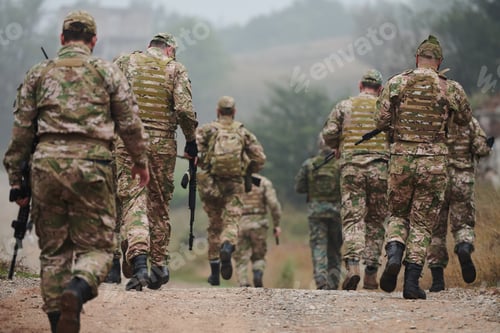 Preview: A disciplined and specialized military unit, donned in camouflage, strategically patrolling and