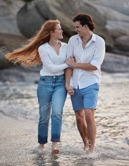 Vista previa: Love, holding hands and happy with couple at beach for romance, relax and vacation trip. Travel, sw