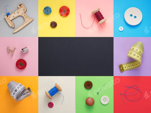 Preview: sewing tools and accessories at paper background texture