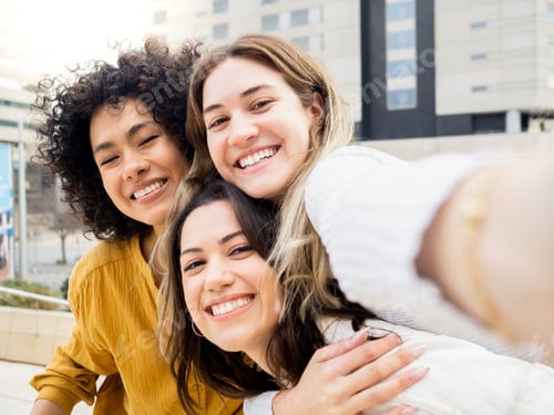 Preview: POV of three diverse friends taking a selfie having a good time. Having fun