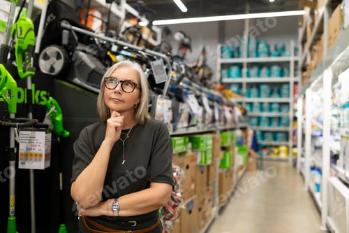 Preview: Woman in store thoughtfully considering gardening tools during midday shopping trip