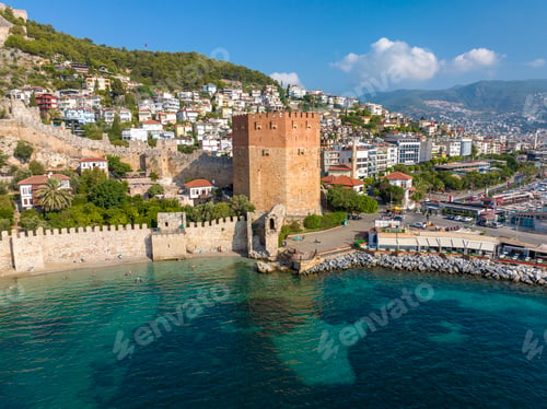 Preview: Aerial view of the bay Alanya in Antalya Turkey. Sea and city with an open sky. Kizil Kule - Alanya